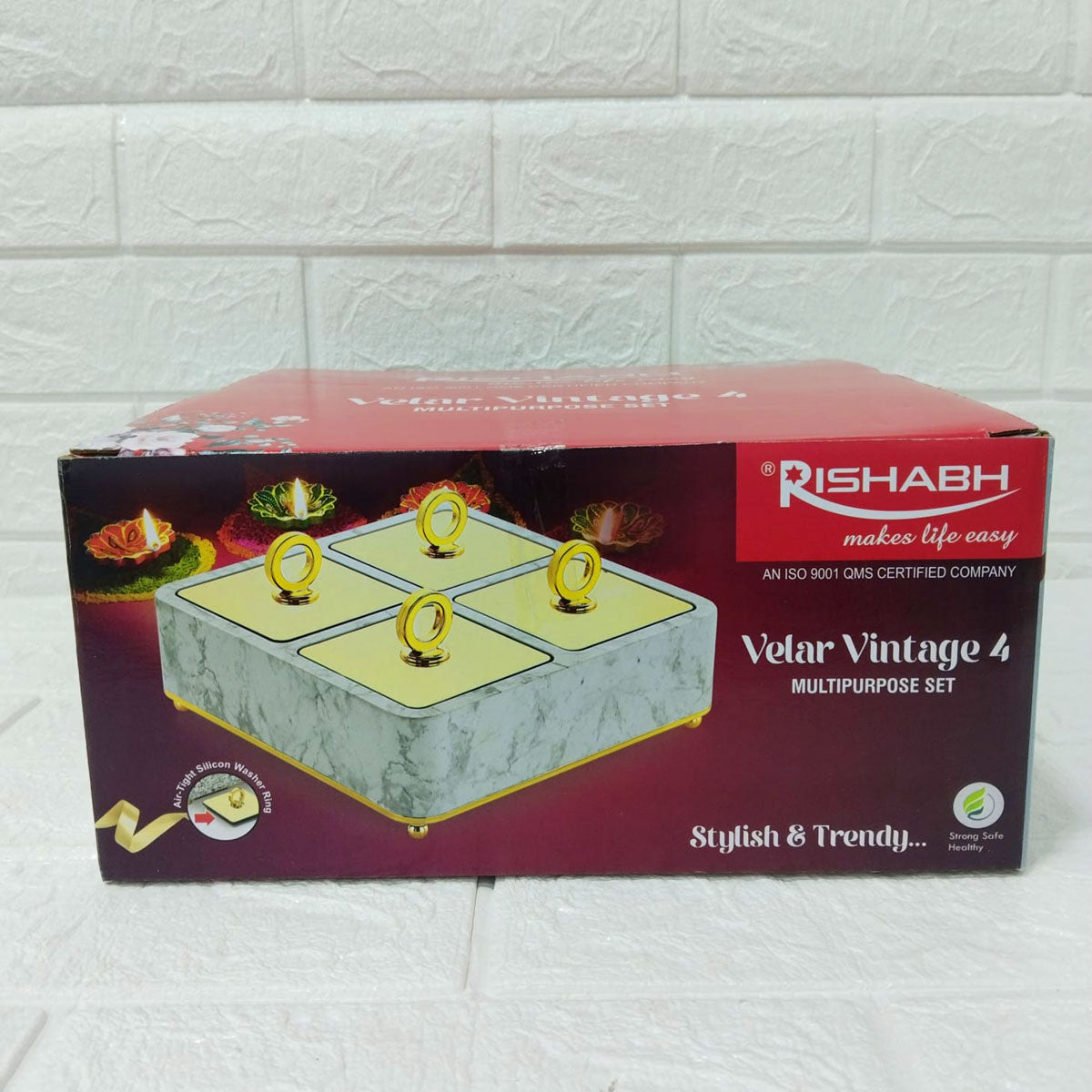 Rishabh Velar Vintage 4 Multipurpose Container Set – Premium Marble Finish Base with Golden Lid & Ring Handle