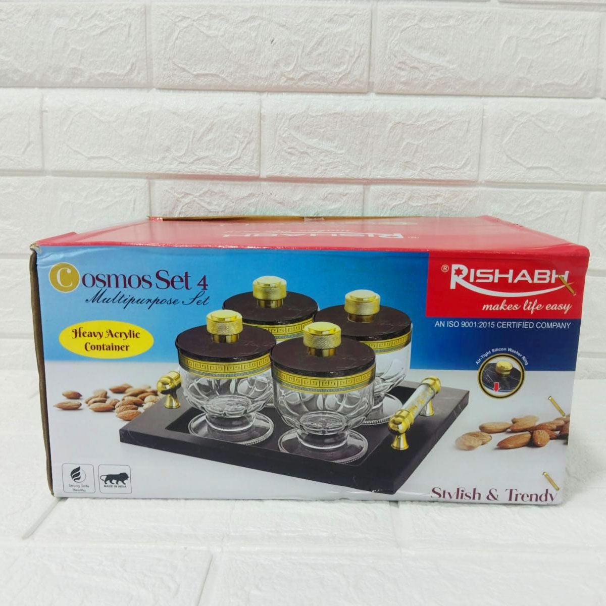 Rishabh Cosmos Set of 4 Multipurpose Jars with Marble-Look Tray & Golden Lids