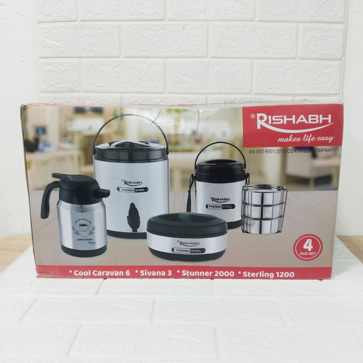 Rishabh Big Multipurpose Thermo-Steel 4-Piece Set - Insulated Water Jug, Casserole, Tea Pot, and Lunch Box