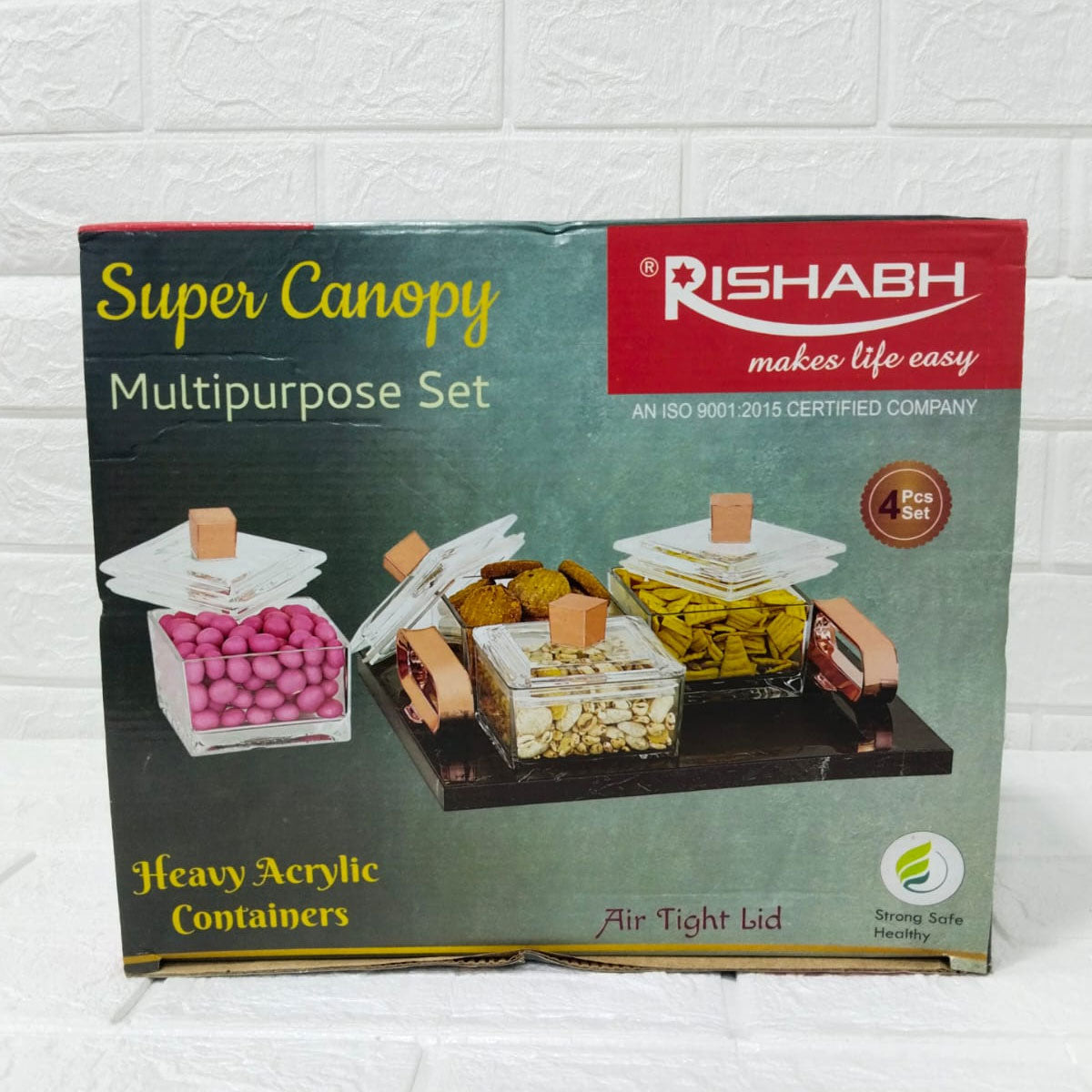 Rishabh Super Canopy Multipurpose Set - 4 Heavy Acrylic Containers with Black Marble Finish Tray