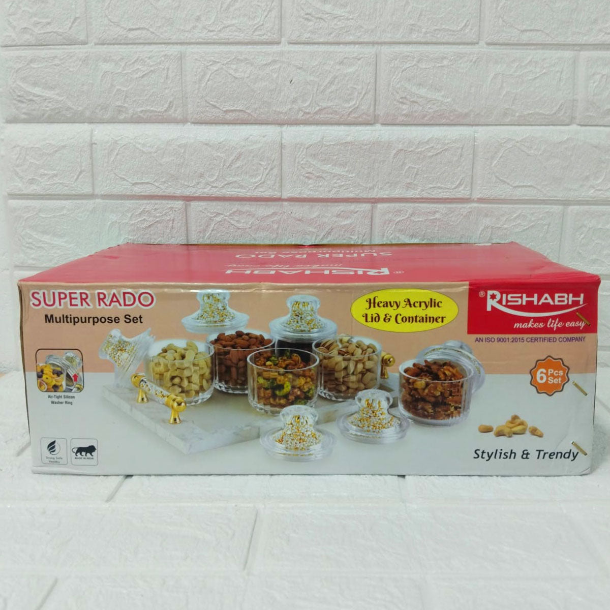 Rishabh Super Rado Multipurpose 6 Jar Set with Marble-Look Tray & Golden Handles