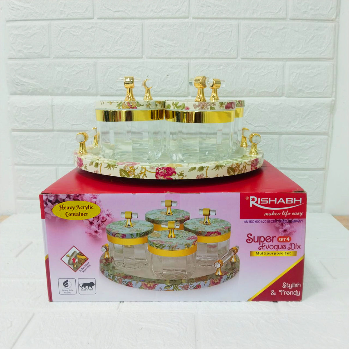 Rishabh Super Evoque DLX Multipurpose Container Set of 4 with Tray – Heavy Acrylic 360° Rotating Candy Storage