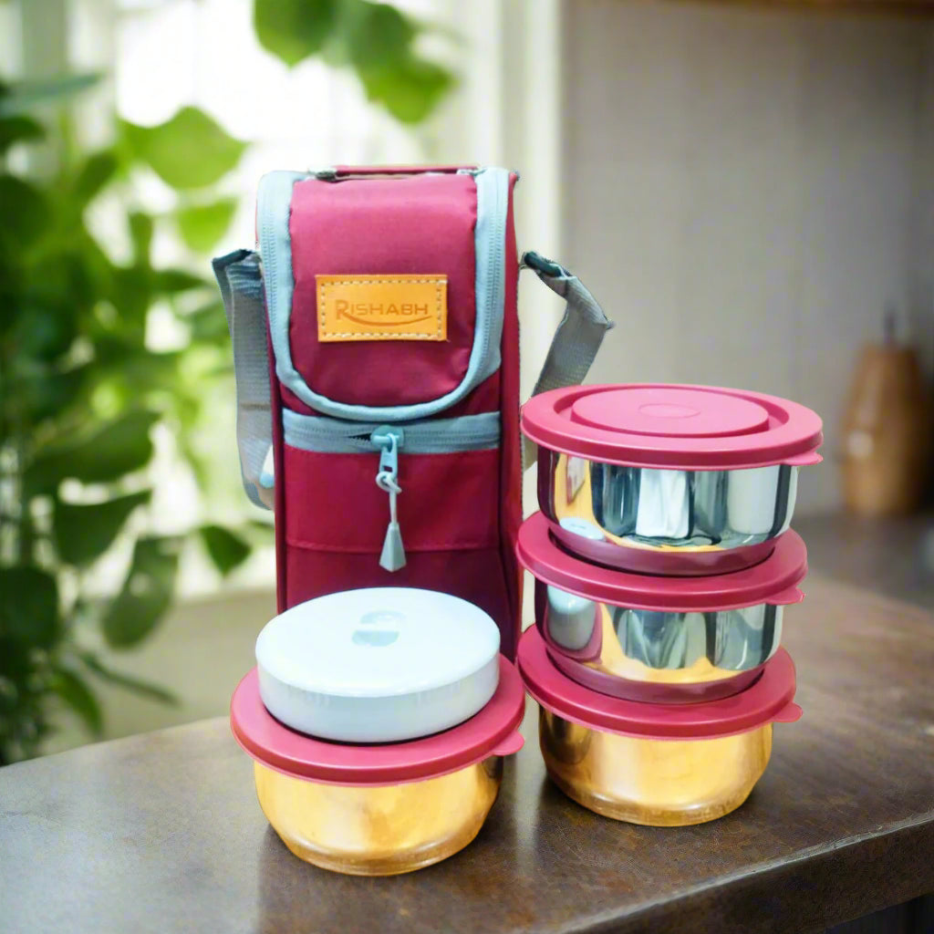 Rishabh Galaxy Stanley 4 Inside Steel Container Microwave Safe and 100% Leak Proof Lunch Box 4 Containers Lunch Box