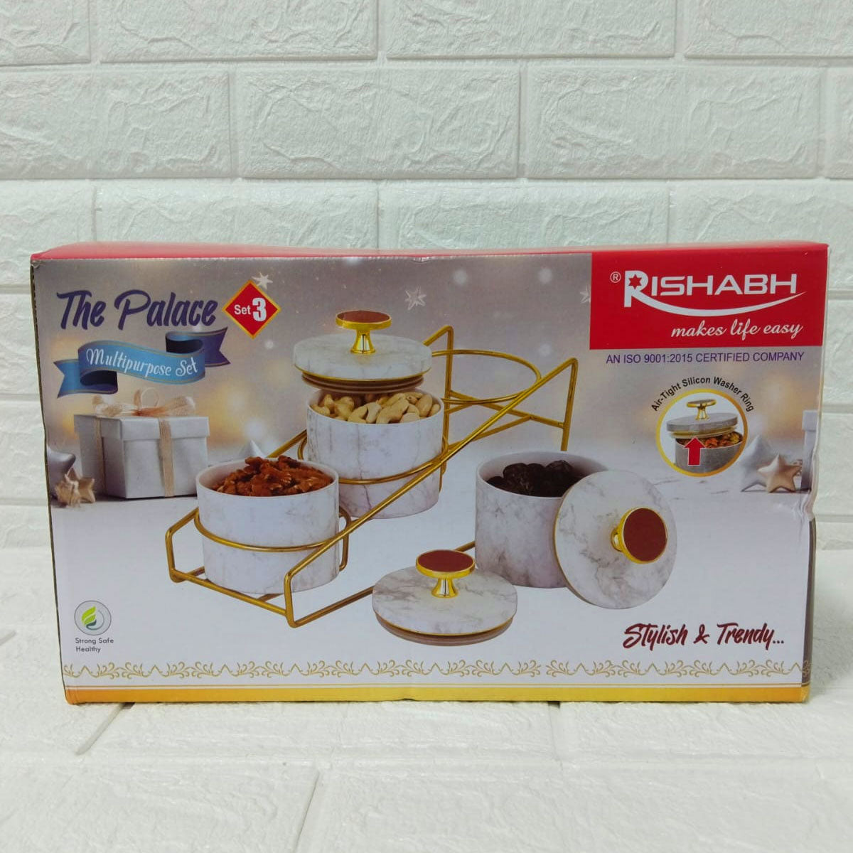 Rishabh The Palace Set 3 Multipurpose Premium Marble Finish Containers with Golden Stand