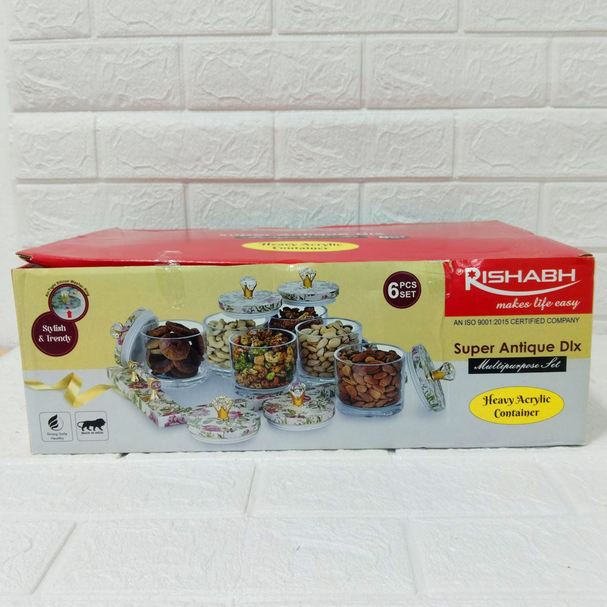 Rishabh Super Antique Deluxe Multipurpose 6-Piece Container Set with Tray – Heavy Acrylic Jars with Floral Design & Diamond Knob Lids
