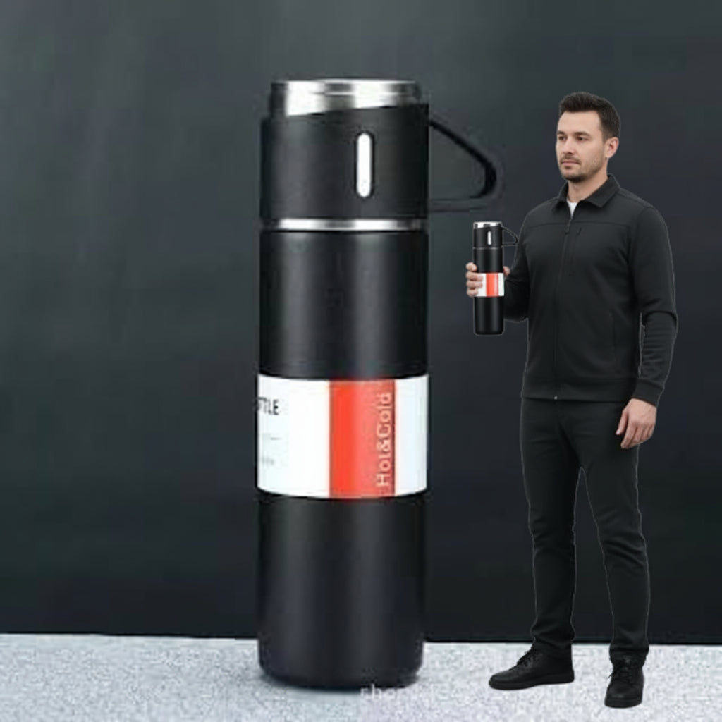 TLBS Stainless Steel Vacuum Flask Set with 3 Steel Cups Combo for Coffee Hot Drink and Cold Water Flask Ideal Gifting Travel Friendly Latest Flask Bottle. (Multi-Color)