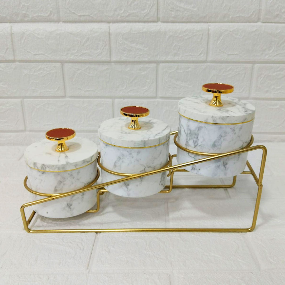 Rishabh The Palace Set 3 Multipurpose Premium Marble Finish Containers with Golden Stand