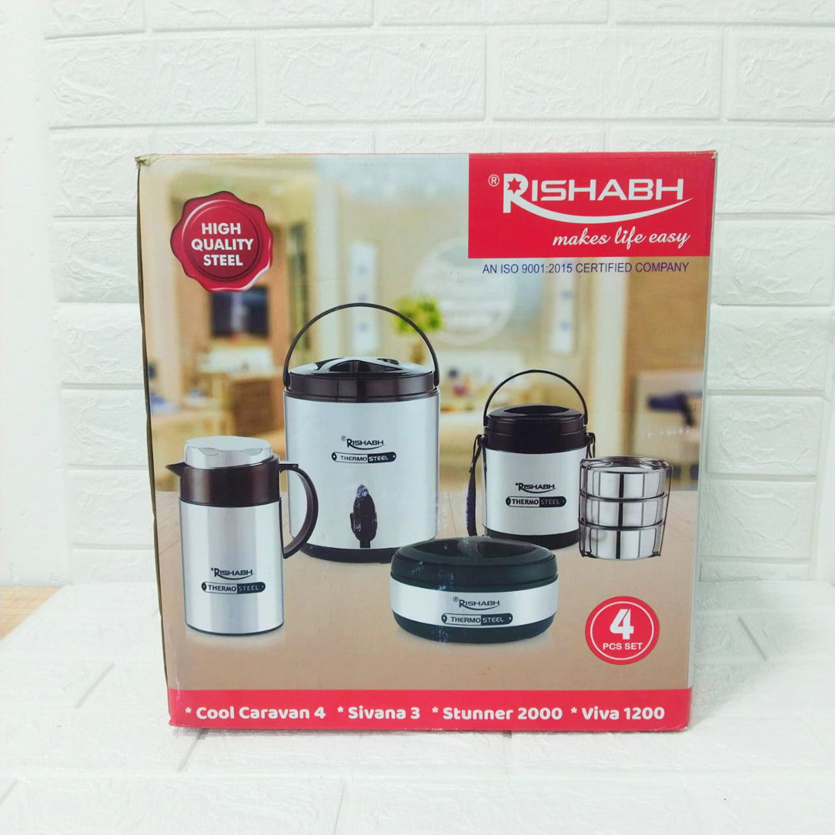 Rishabh Small Multipurpose Thermo-Steel 4-Piece Set - Insulated Water Jug, Hot Pot, Lunch Box, and Coffee Pot