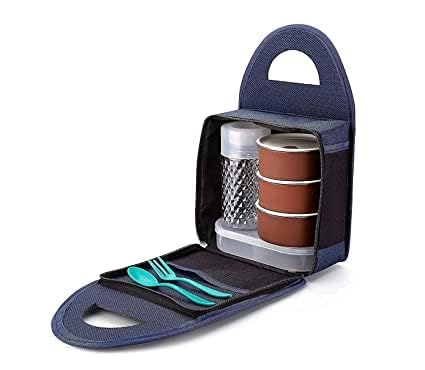 TLBS Lunch Box with Bag, Lunch Box Steel with 3 Air Tight & Leakage Proof Containers, 1 Caserolles Set with Plastic Bottle, Lunch Boxes for Office (BT+)