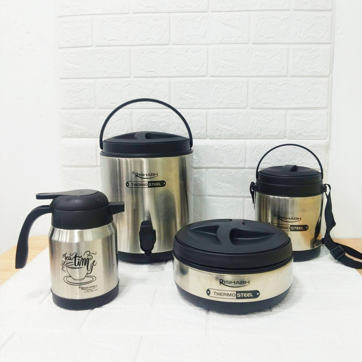 Rishabh Big Multipurpose Thermo-Steel 4-Piece Set - Insulated Water Jug, Casserole, Tea Pot, and Lunch Box