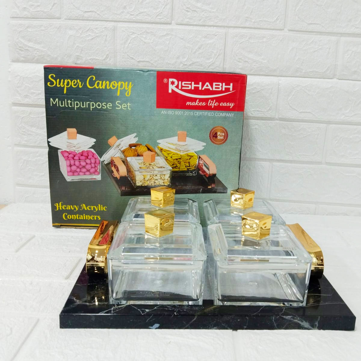 Rishabh Super Canopy Multipurpose Set - 4 Heavy Acrylic Containers with Black Marble Finish Tray