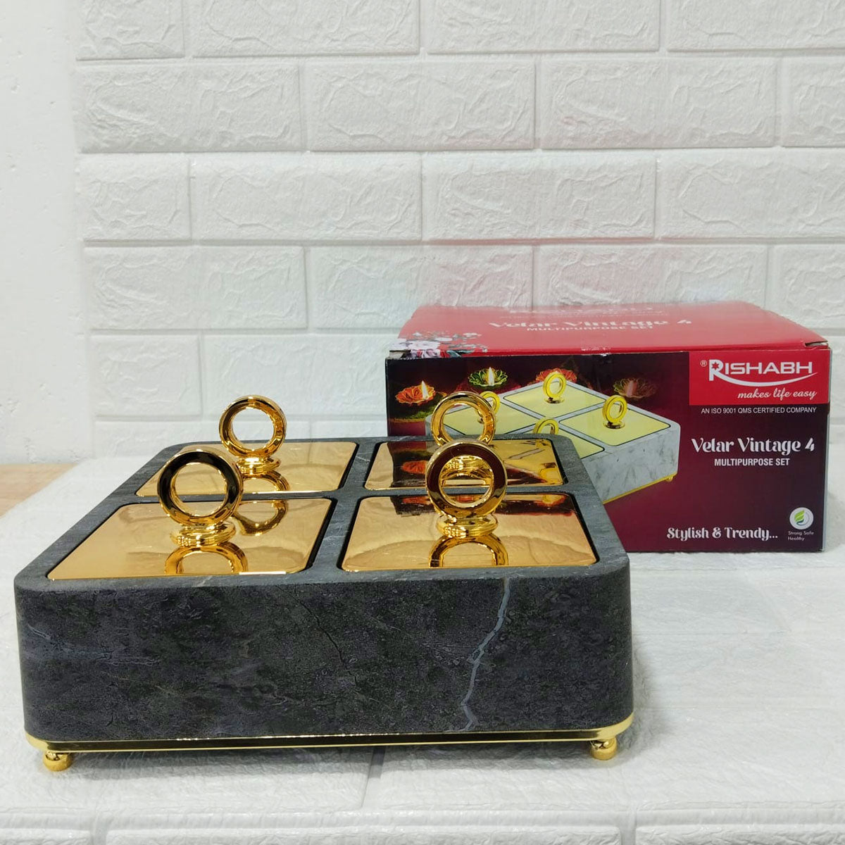 Rishabh Velar Vintage 4 Multipurpose Container Set – Premium Marble Finish Base with Golden Lid & Ring Handle