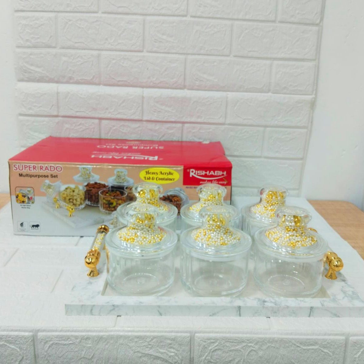 Rishabh Super Rado Multipurpose 6 Jar Set with Marble-Look Tray & Golden Handles