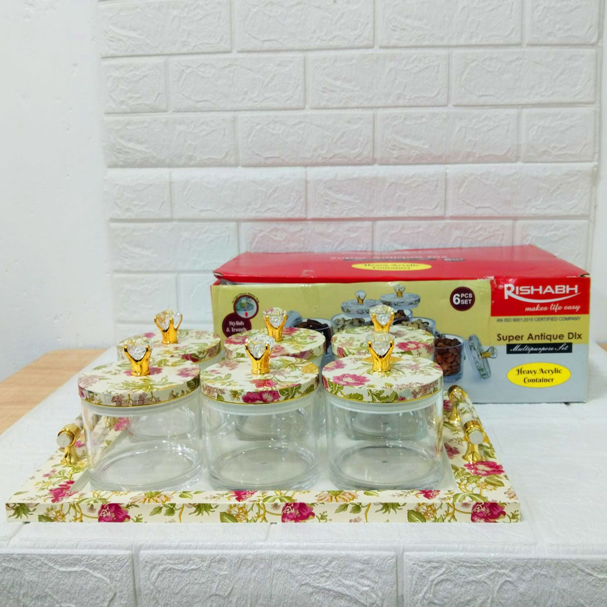 Rishabh Super Antique Deluxe Multipurpose 6-Piece Container Set with Tray – Heavy Acrylic Jars with Floral Design & Diamond Knob Lids