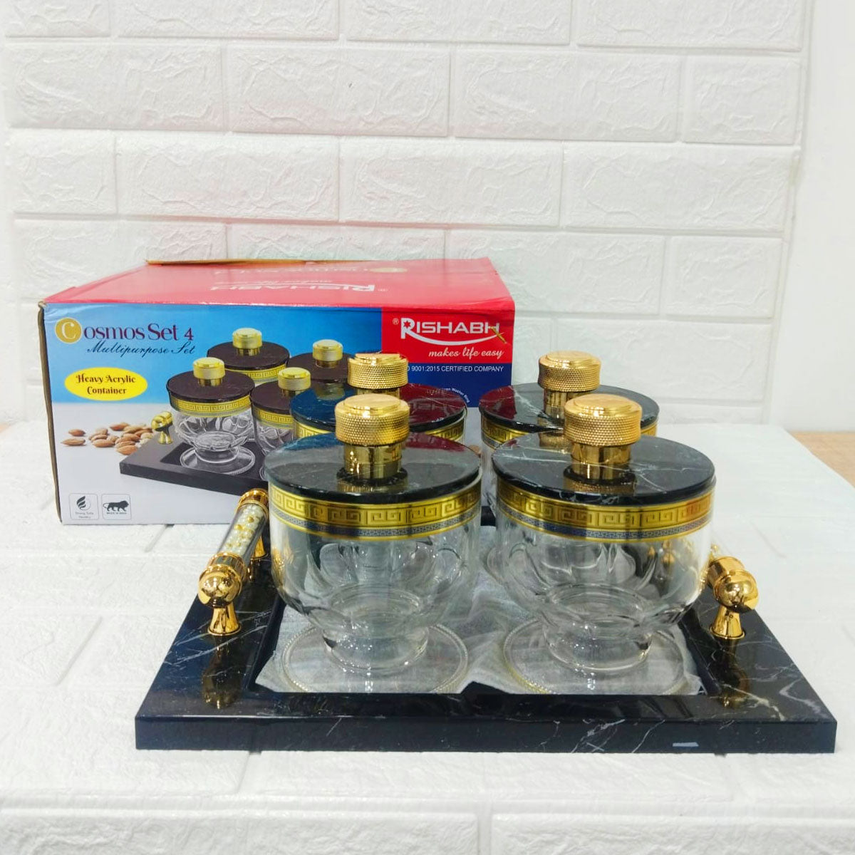 Rishabh Cosmos Set of 4 Multipurpose Jars with Marble-Look Tray & Golden Lids