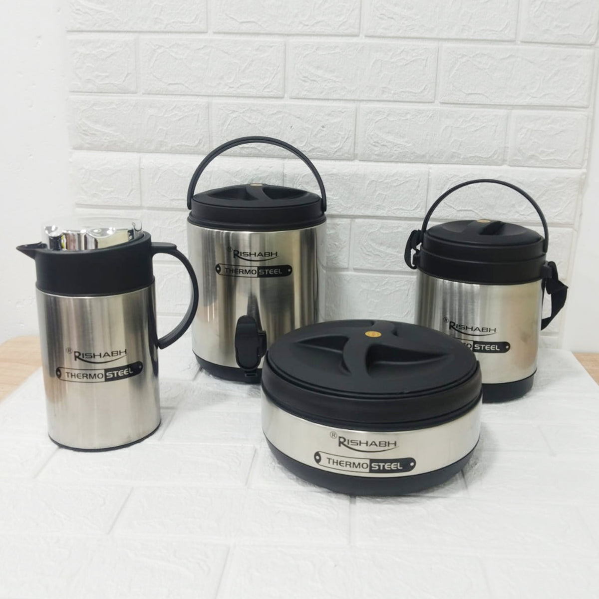 Rishabh Small Multipurpose Thermo-Steel 4-Piece Set - Insulated Water Jug, Hot Pot, Lunch Box, and Coffee Pot