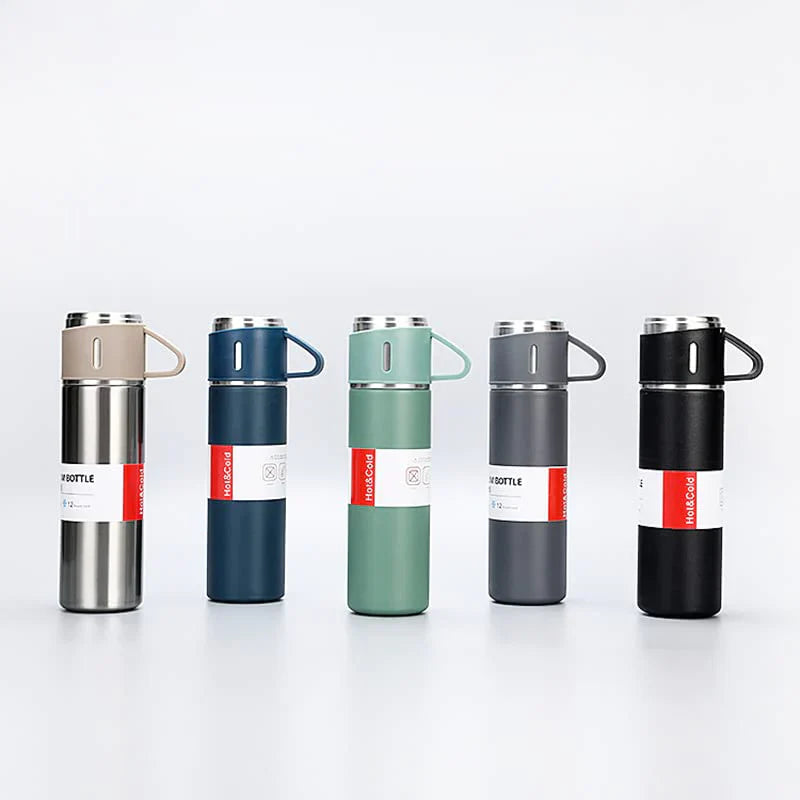 Stainless Steel Vacuum Flask Set with 3 Steel Cups Combo for Coffee Hot Drink and Cold Water Flask Ideal Gifting Travel Friendly Latest Flask Bottle. (Multi-Color)