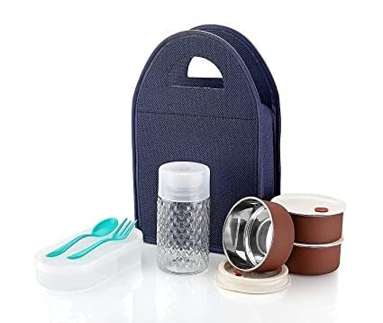 TLBS Lunch Box with Bag, Lunch Box Steel with 3 Air Tight & Leakage Proof Containers, 1 Caserolles Set with Plastic Bottle, Lunch Boxes for Office (BT+)