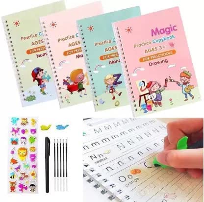 Magic Practice Copybook for Kids, Handwriting Workbook, Reusable Writing Practice Book for Preschools- Alphabet Number Math Drawing Groove Copybook | 4 Books with Pens, Refills