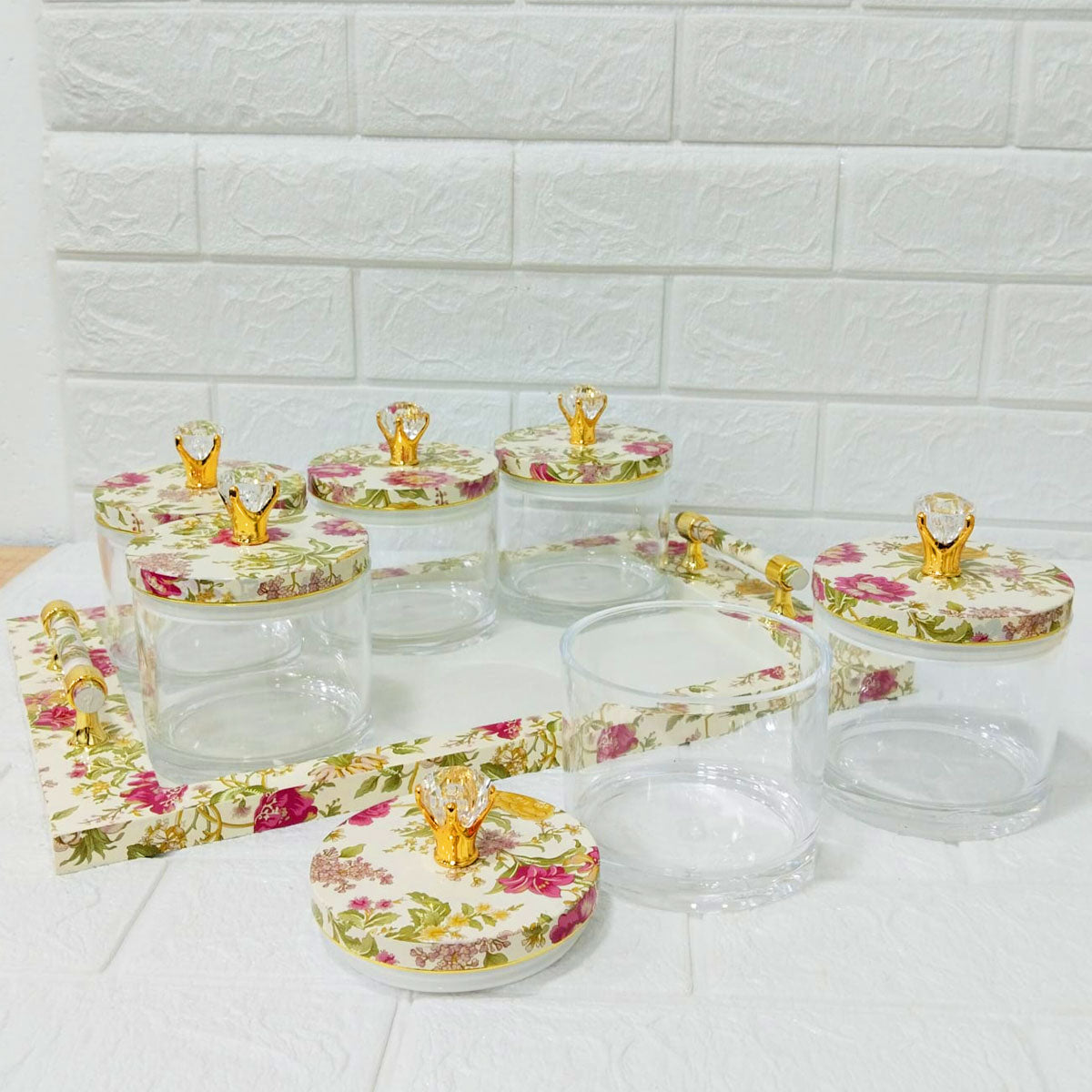 Rishabh Super Antique Deluxe Multipurpose 6-Piece Container Set with Tray – Heavy Acrylic Jars with Floral Design & Diamond Knob Lids
