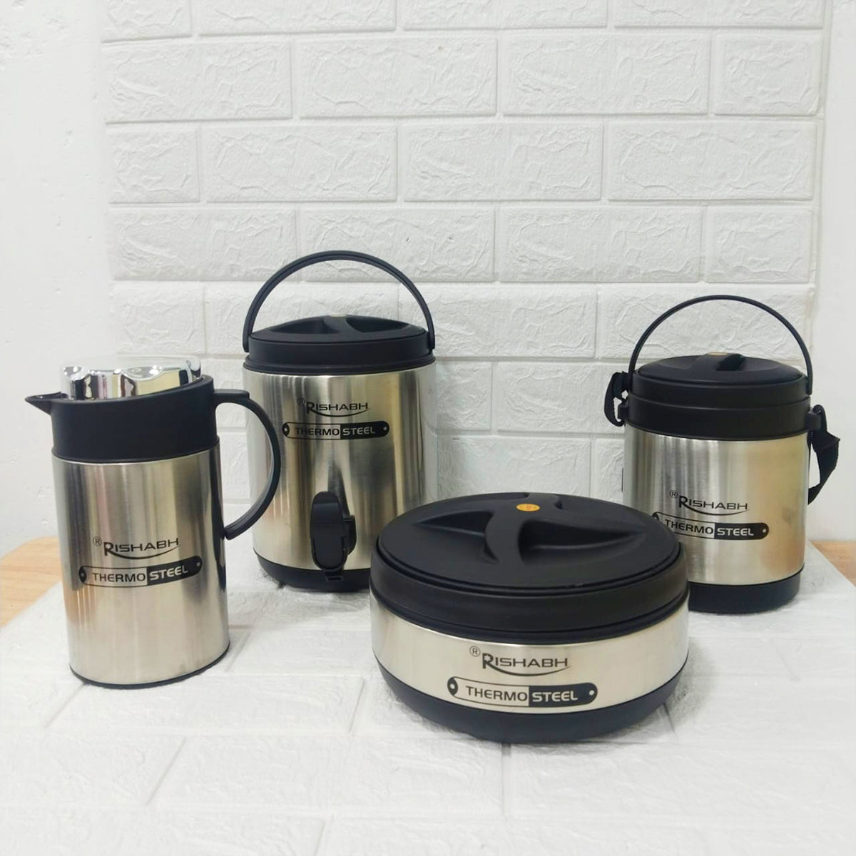 Rishabh Small Multipurpose Thermo-Steel 4-Piece Set - Insulated Water Jug, Hot Pot, Lunch Box, and Coffee Pot