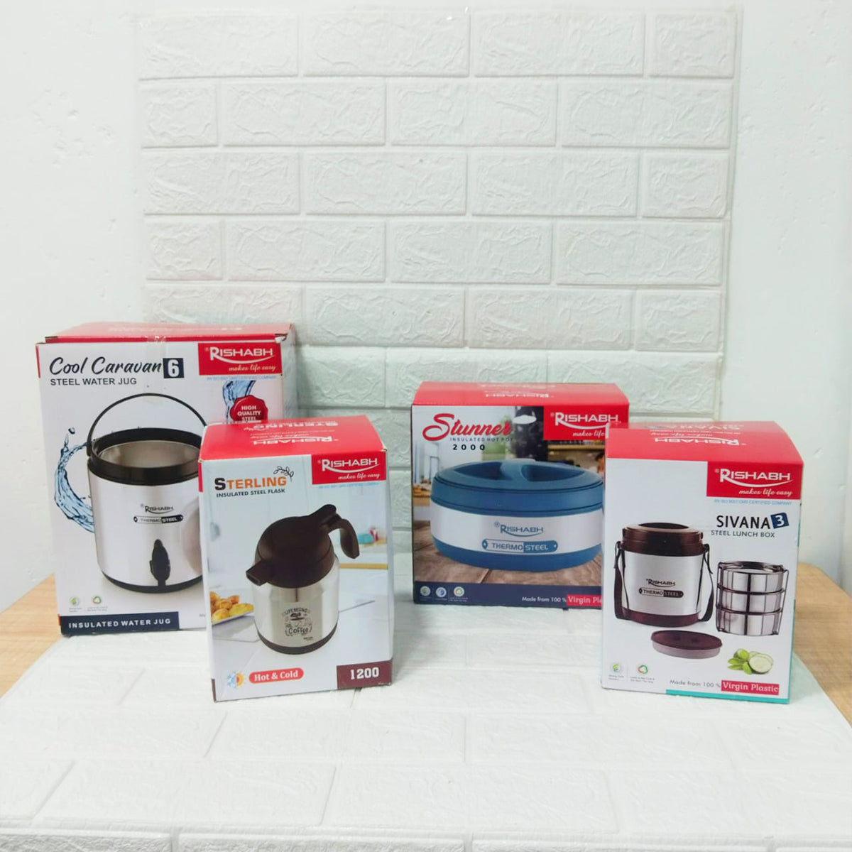 Rishabh Big Multipurpose Thermo-Steel 4-Piece Set - Insulated Water Jug, Casserole, Tea Pot, and Lunch Box