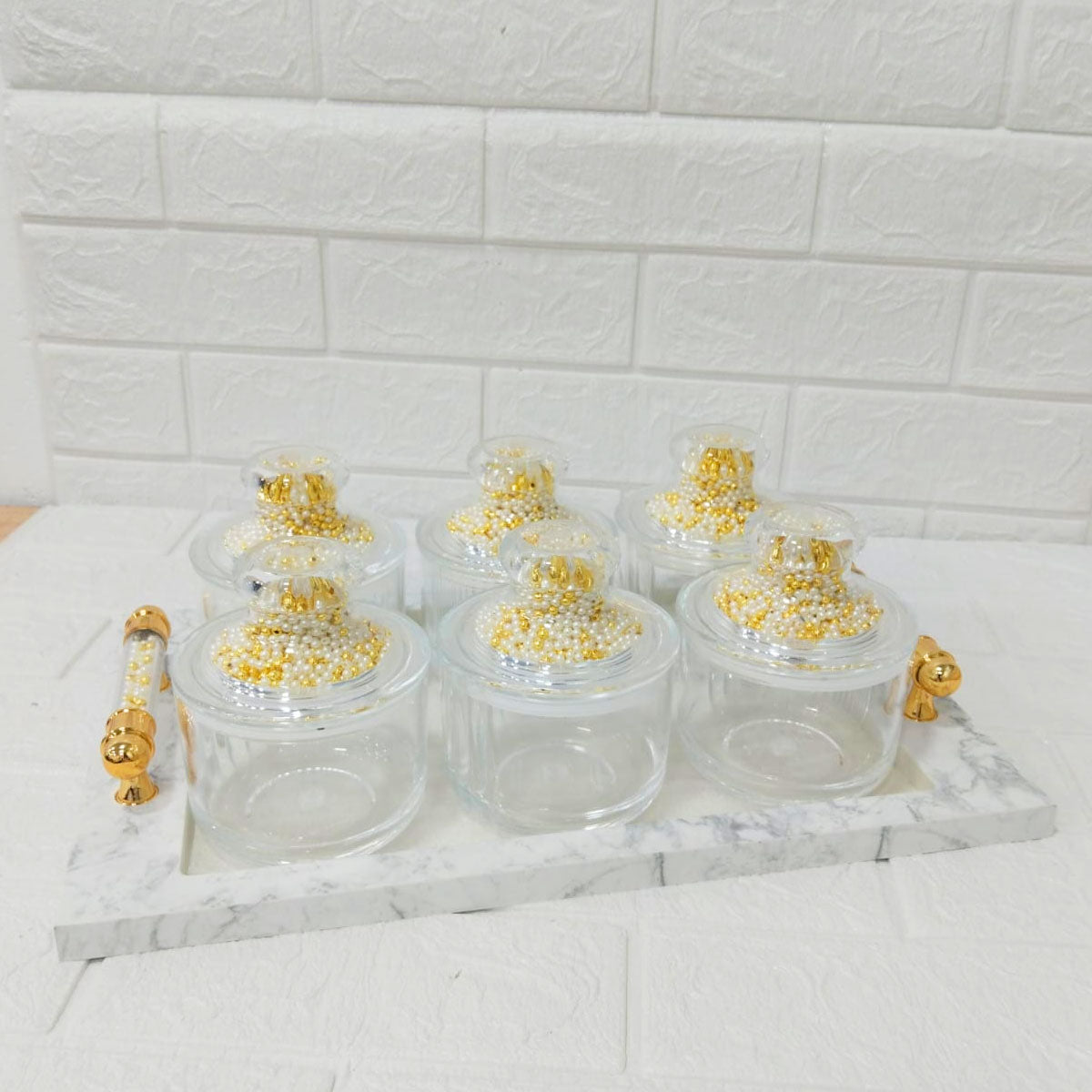 Rishabh Super Rado Multipurpose 6 Jar Set with Marble-Look Tray & Golden Handles