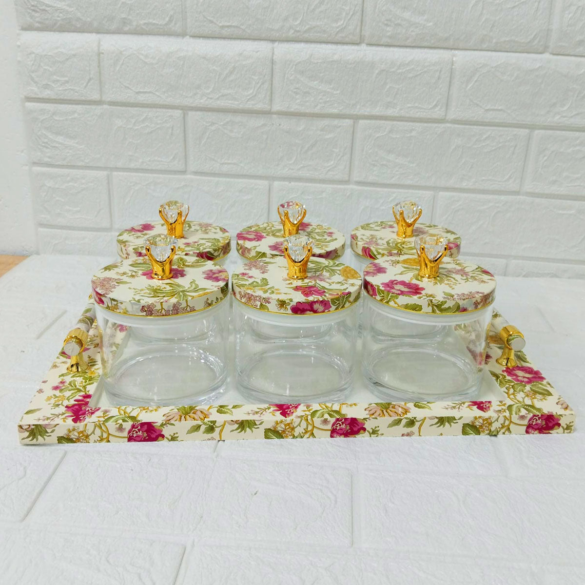Rishabh Super Antique Deluxe Multipurpose 6-Piece Container Set with Tray – Heavy Acrylic Jars with Floral Design & Diamond Knob Lids