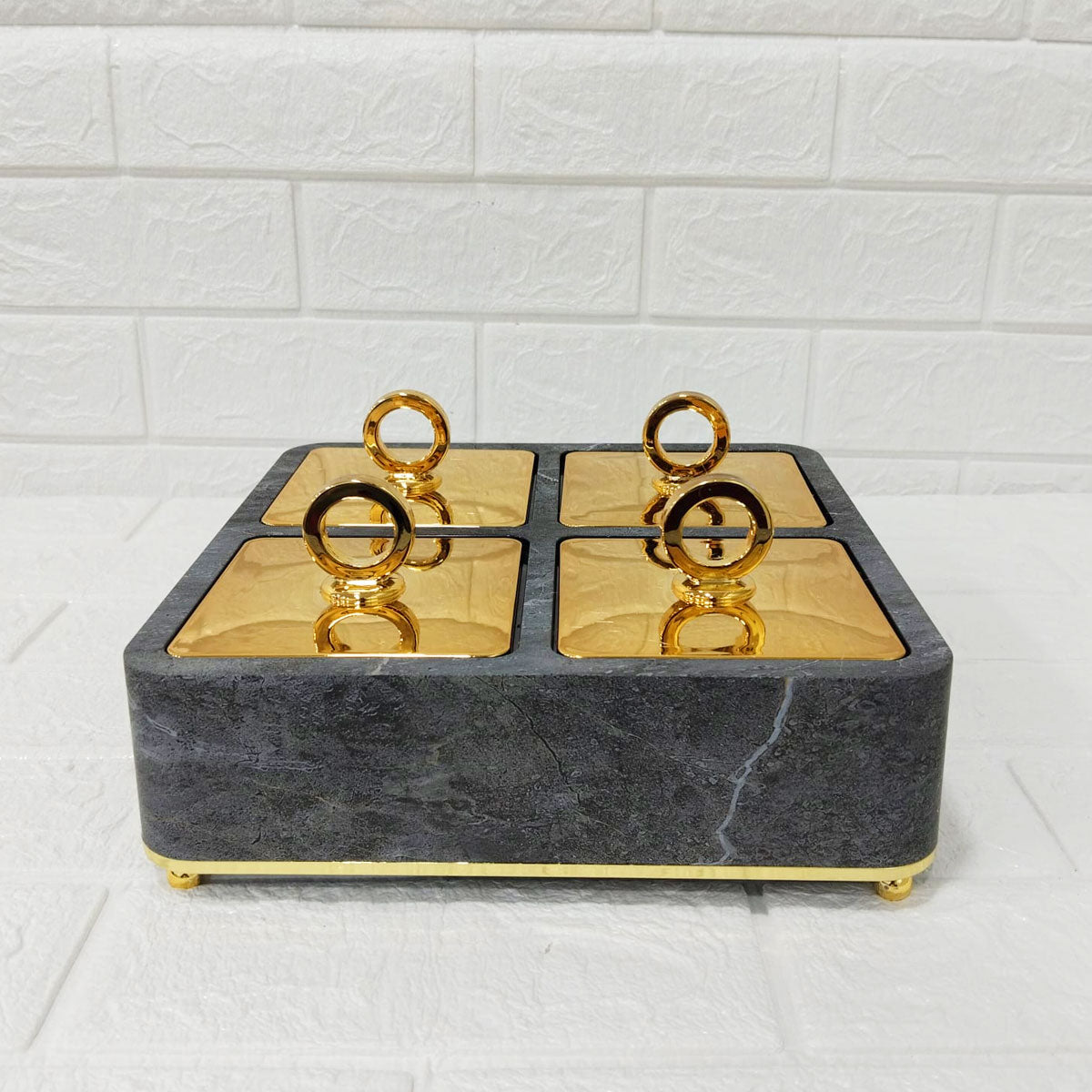 Rishabh Velar Vintage 4 Multipurpose Container Set – Premium Marble Finish Base with Golden Lid & Ring Handle