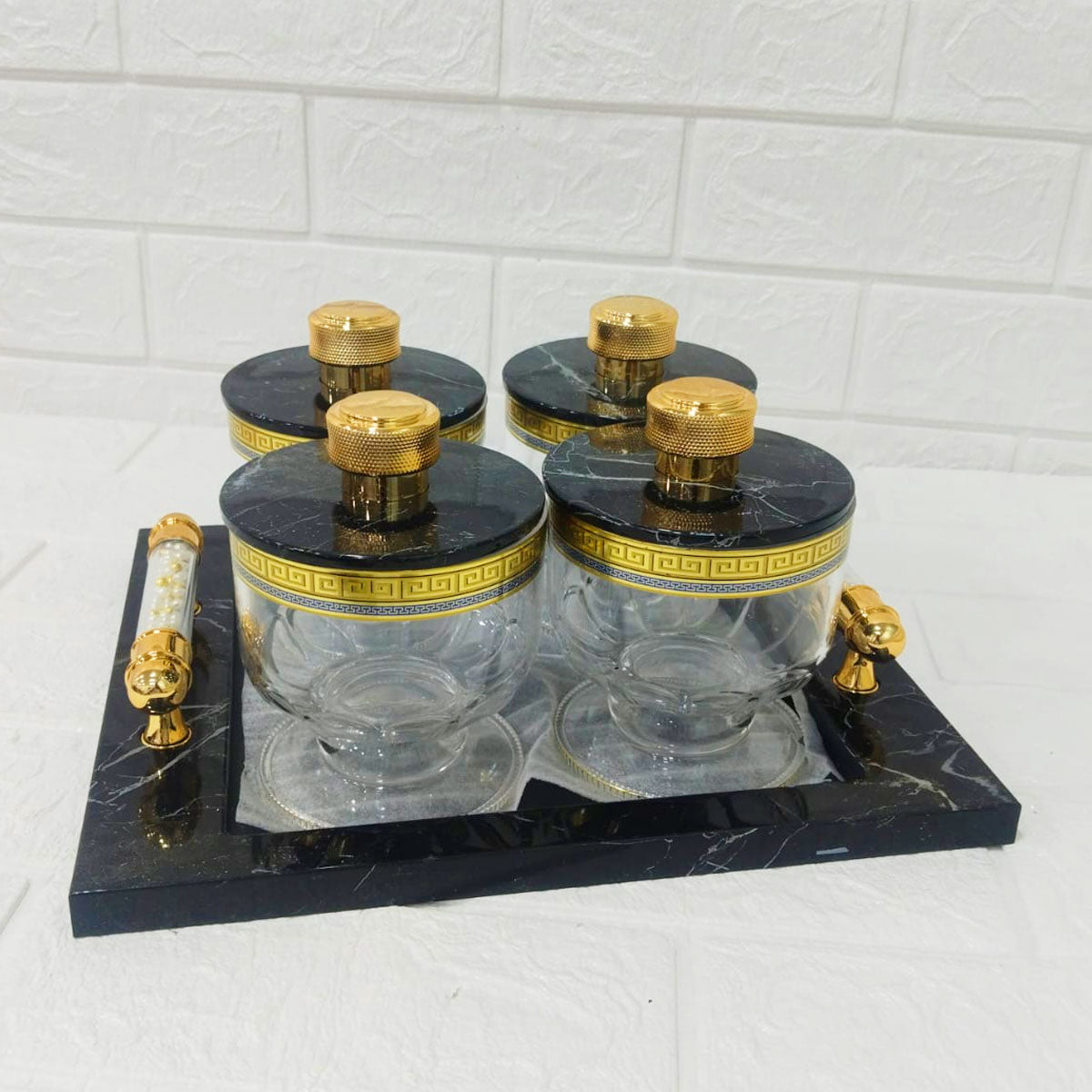 Rishabh Cosmos Set of 4 Multipurpose Jars with Marble-Look Tray & Golden Lids