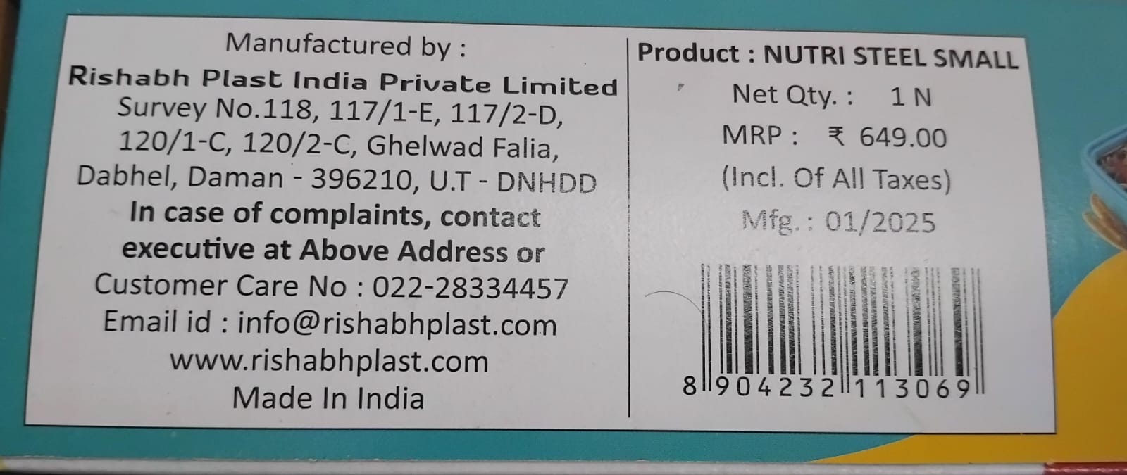 Rishabh Nutri Steel Small Lunch Box Set of 1 Pcs