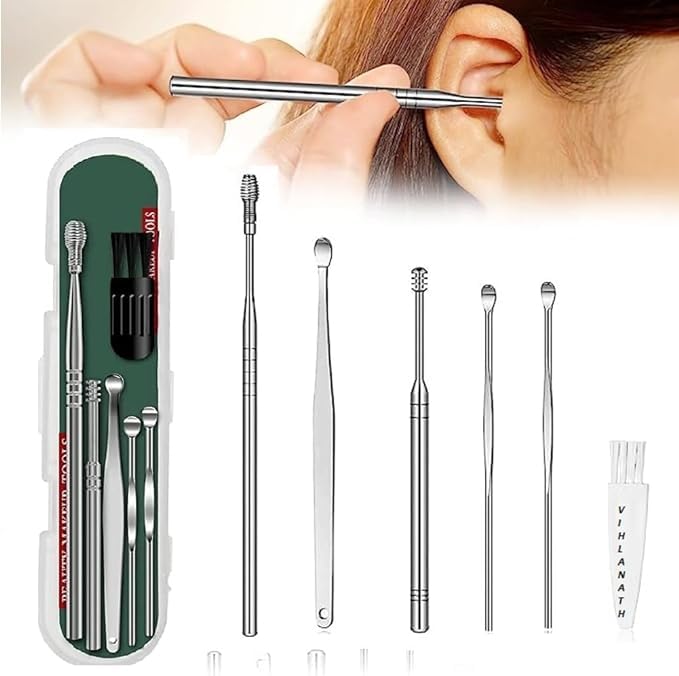 6-in-1 Ear Wax Cleaner- Resuable Ear Cleaning Tools Leather Pouch - Ear Pick Wax Remover Tool Kit with Ear Curette Cleaner and Spring Ear Buds Cleaner Fit in Pocket Great for Traveling