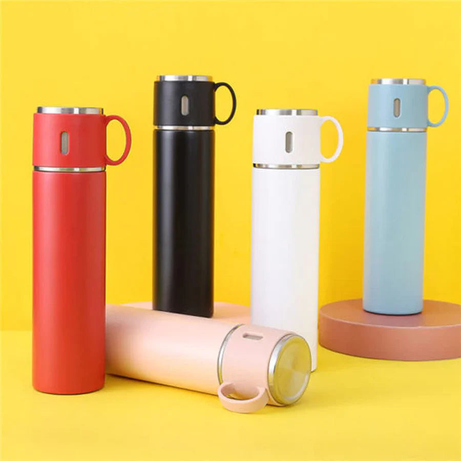 Stainless Steel Vacuum Flask Set with 3 Steel Cups Combo for Coffee Hot Drink and Cold Water Flask Ideal Gifting Travel Friendly Latest Flask Bottle. (Multi-Color)