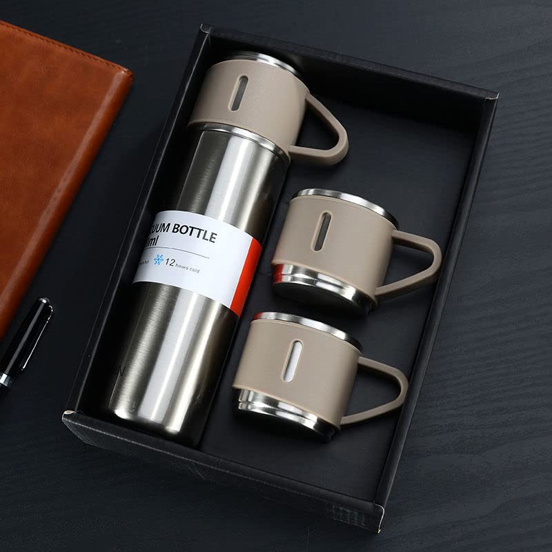 Stainless Steel Vacuum Flask Set with 3 Steel Cups Combo for Coffee Hot Drink and Cold Water Flask Ideal Gifting Travel Friendly Latest Flask Bottle. (Multi-Color)