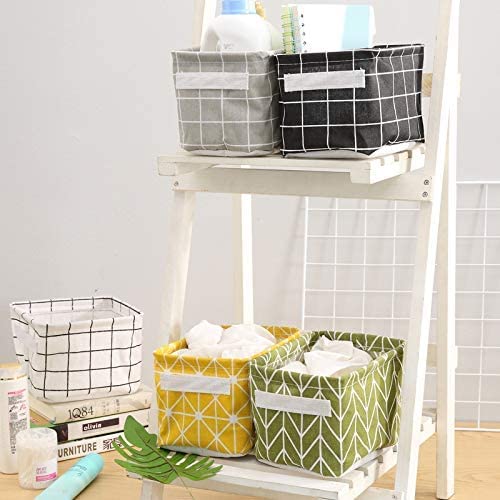 TLBS Canvas Fabric Foldable Mini Storage Basket - Small Collapsible Canvas Containers Organizers With Handle For Home-Multi Design 5 pcs