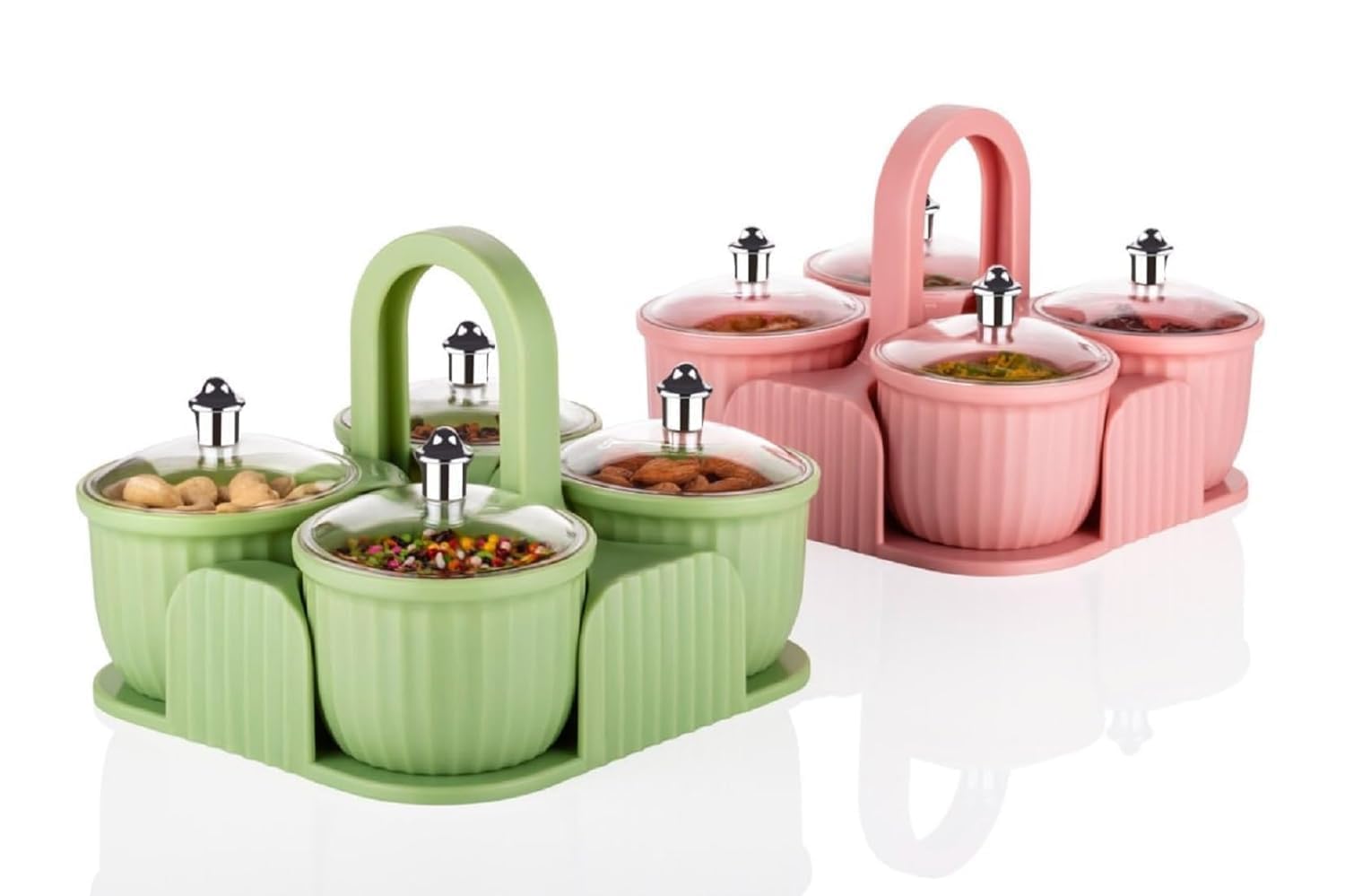 Marvella Multipurpose Dry Fruit Box 4 pc Jar Set Aachar Pickle Container Mukhwas Tray Dining Spice Stand Plastic Chocolate Mouth Freshener Sweets Masala Storage For Home kitchen Dining (Multi-Color)