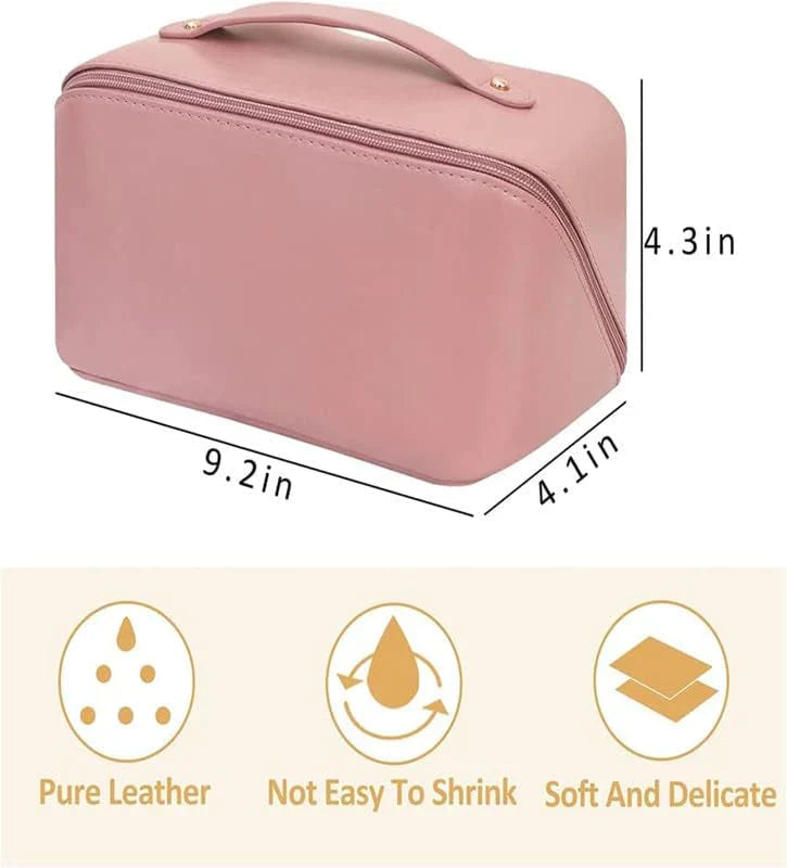 TLBS Cosmetic Travel Bag Large Capacity , Portable Leather Makeup Storage Bags with Handle and Divider, Wide Opening Cosmetic/Makeup Organizer