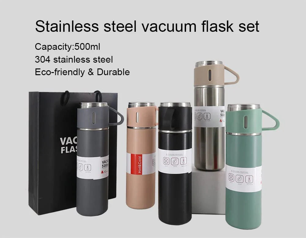 Stainless Steel Vacuum Flask Set with 3 Steel Cups Combo for Coffee Hot Drink and Cold Water Flask Ideal Gifting Travel Friendly Latest Flask Bottle. (Multi-Color)