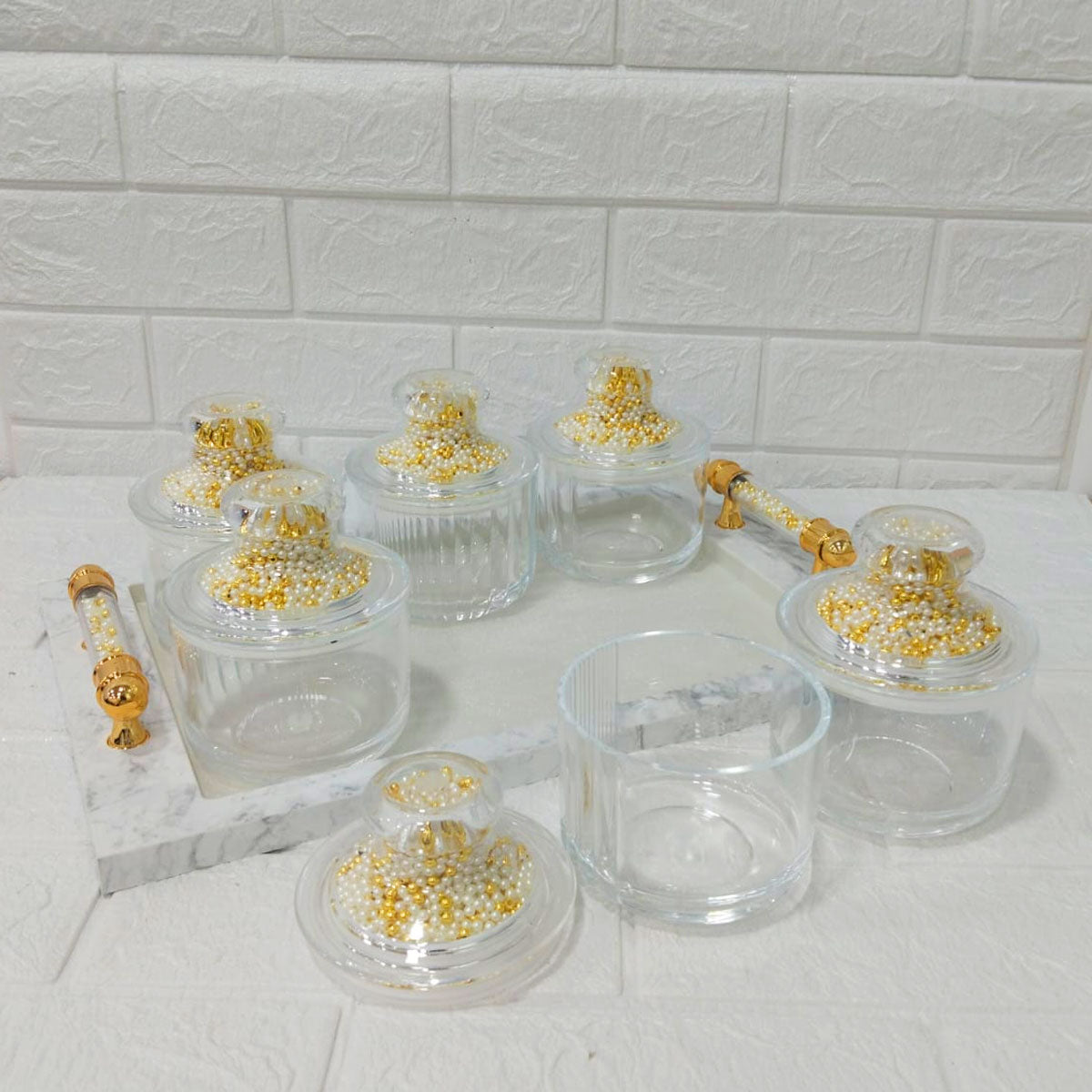 Rishabh Super Rado Multipurpose 6 Jar Set with Marble-Look Tray & Golden Handles