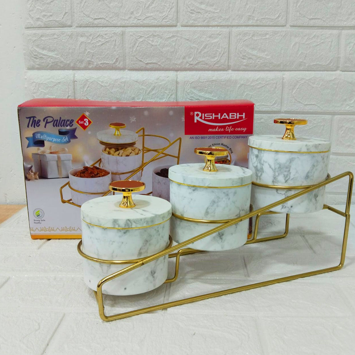 Rishabh The Palace Set 3 Multipurpose Premium Marble Finish Containers with Golden Stand