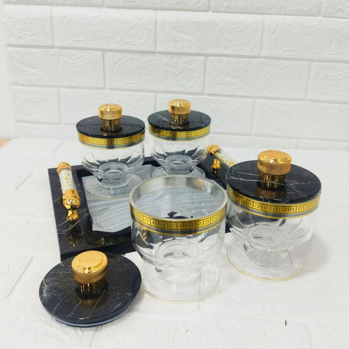 Rishabh Cosmos Set of 4 Multipurpose Jars with Marble-Look Tray & Golden Lids