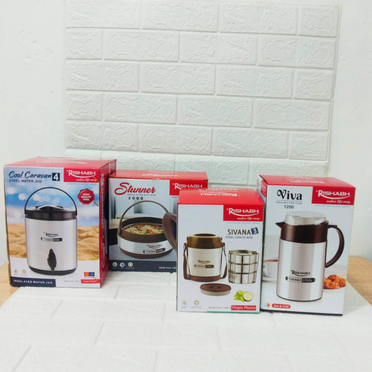 Rishabh Small Multipurpose Thermo-Steel 4-Piece Set - Insulated Water Jug, Hot Pot, Lunch Box, and Coffee Pot