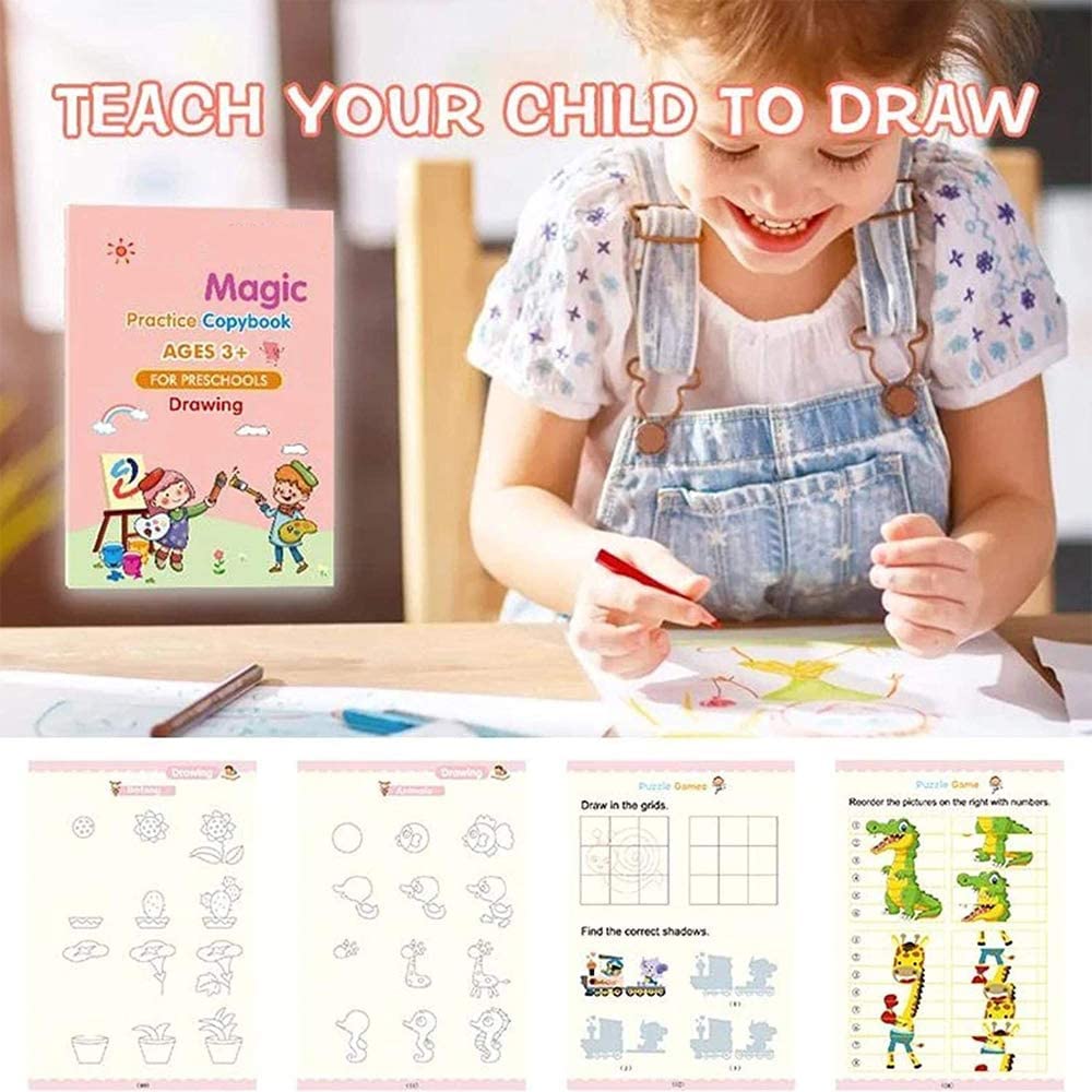 TLBS Magic Practice Copybook for Kids, Handwriting Workbook, Reusable Writing Practice Book for Preschools- Alphabet Number Math Drawing Groove Copybook | 4 Books with Pens, Refills