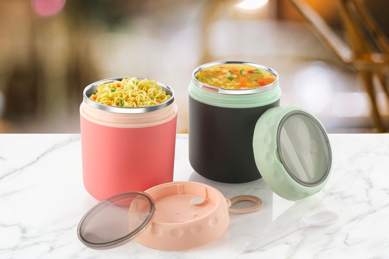 Noodles Bowl with Lid and Spoon-530ML | Stainless Steel Hot & Cold Insulated Food Storage Container | Leak-Proof Soup and Liquid Container | School, Picnic and Travel Salad Cup-1Pcs