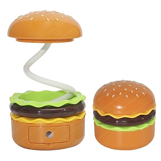 Table Lamp - Burger Design Desk Light For Kids & Adults, Rechargeable Desk Lamp With Pen Holder & Sharpener, Study Desk Light For Study Room/Home/Office (Aqua Green) - Plastic, Led