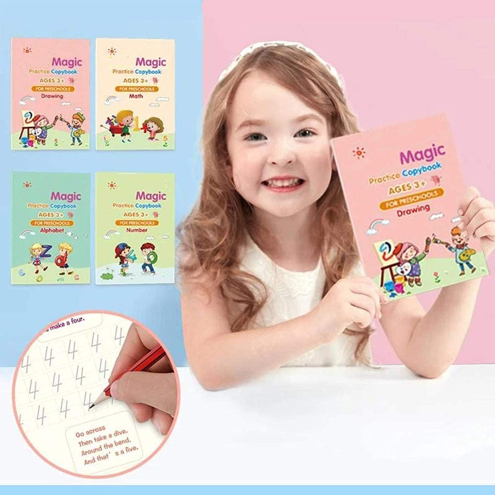 TLBS Magic Practice Copybook for Kids, Handwriting Workbook, Reusable Writing Practice Book for Preschools- Alphabet Number Math Drawing Groove Copybook | 4 Books with Pens, Refills