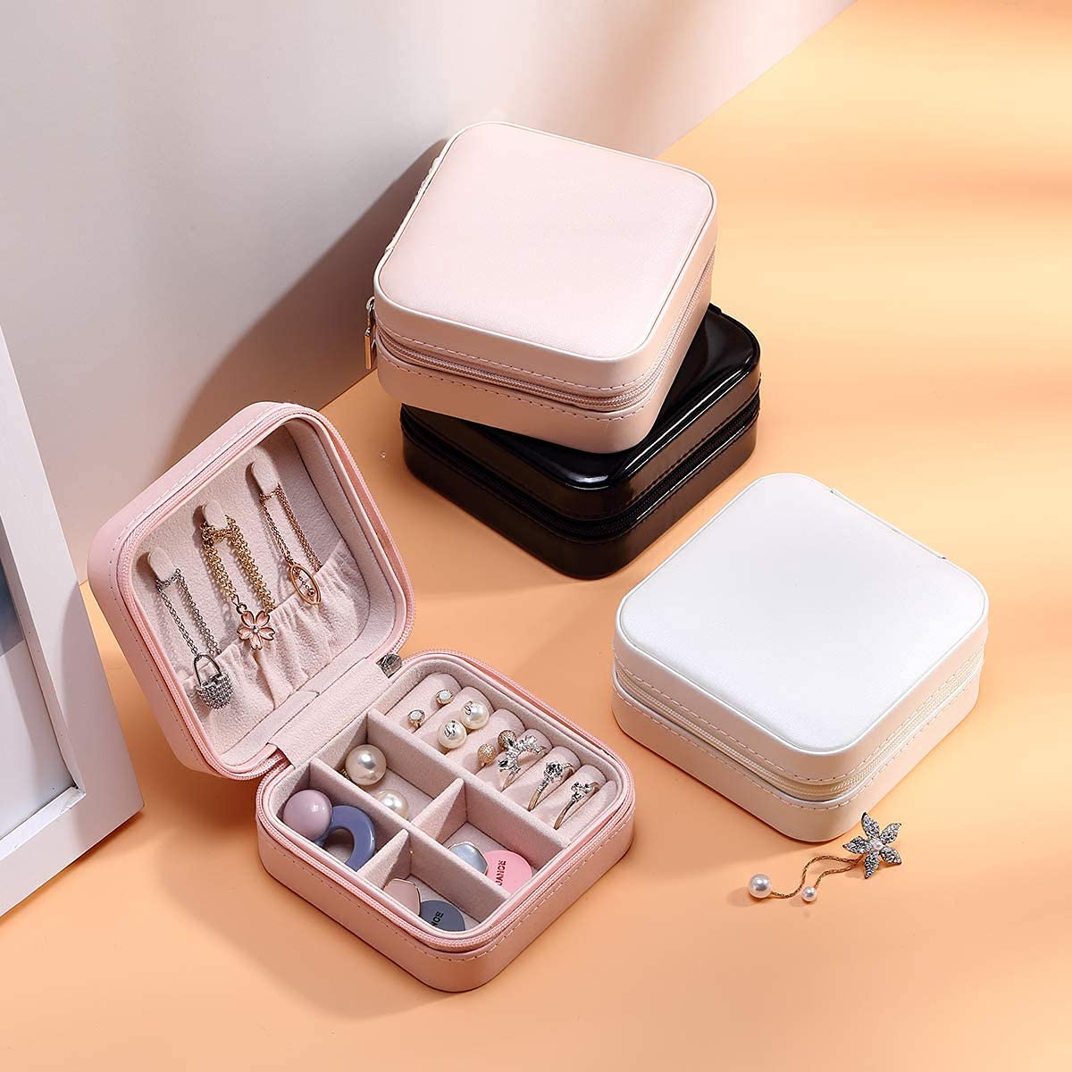 Leather Small Jewelry Box, Travel Portable Jewelry Case For Ring, Pendant, Earring, Necklace, Bracelet Organizer Storage Holder Boxes