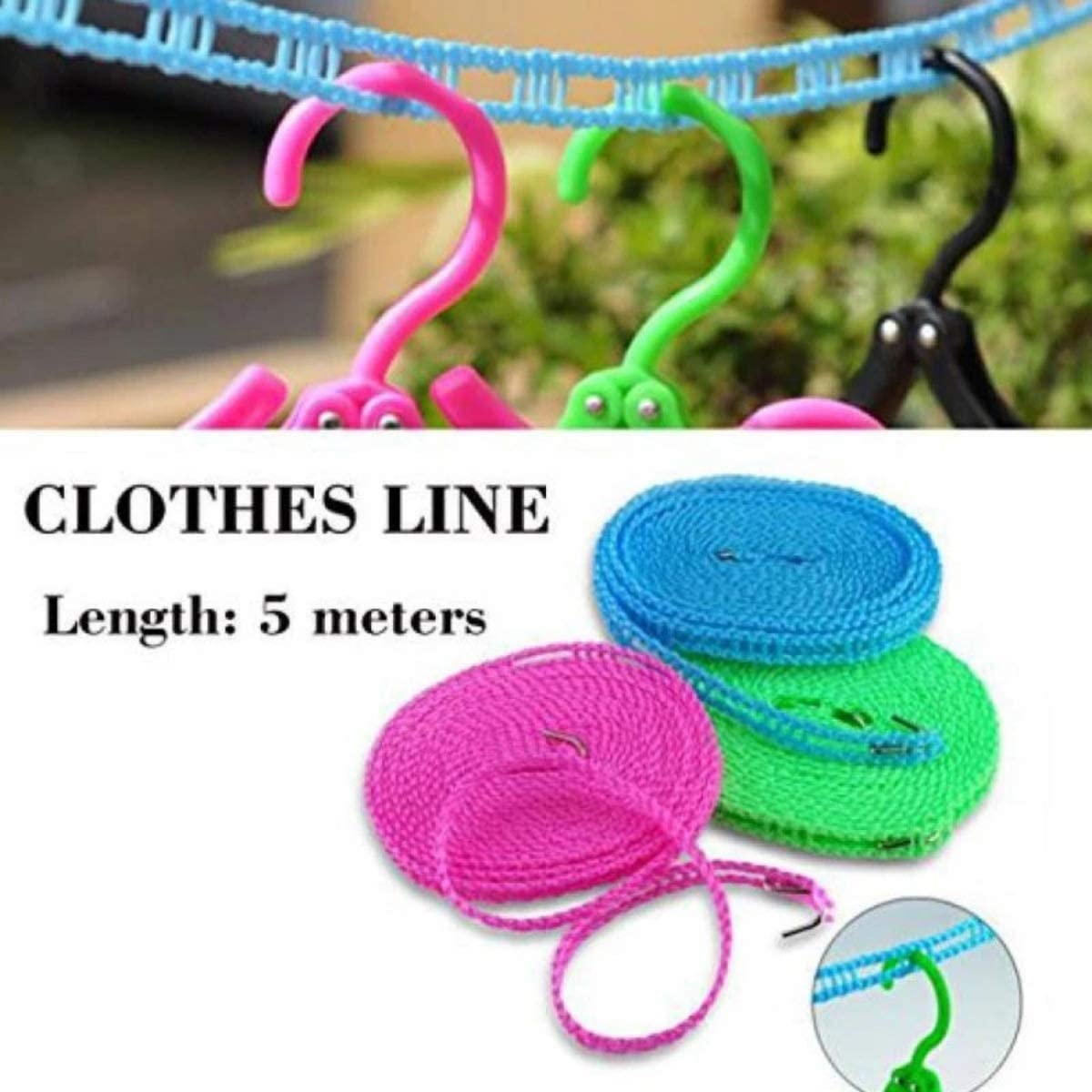 5 Meters Windproof Anti-Slip Clothes Washing Line Drying Nylon Rope with Hooks 5 Meter Nylon Clothesline Rope