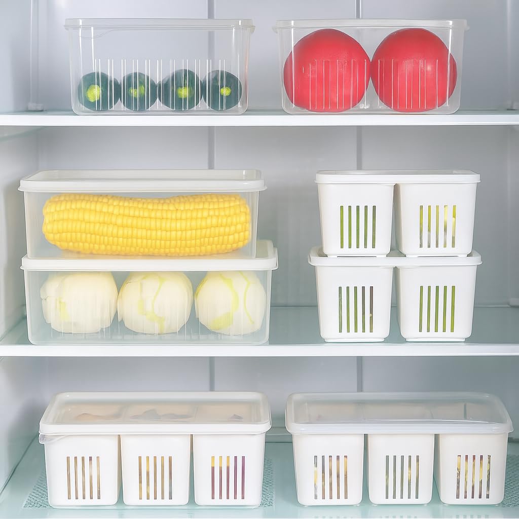 6-Compartment Refrigerator Storage Container with Lid, Stackable Produce Organiser Box for Vegetables and Fruits