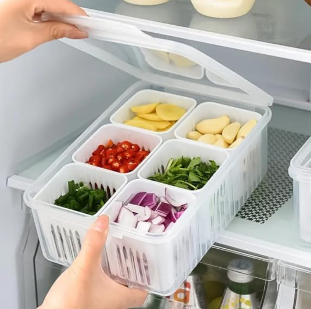 6-Compartment Refrigerator Storage Container with Lid, Stackable Produce Organiser Box for Vegetables and Fruits